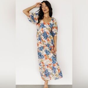 Floral Midi Dress in Blue and Orange